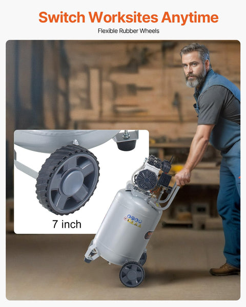 Man moving 13 Gallon Air Compressor With 2 HP Motor And Oil Free Tank, showing flexible 7-inch rubber wheels.