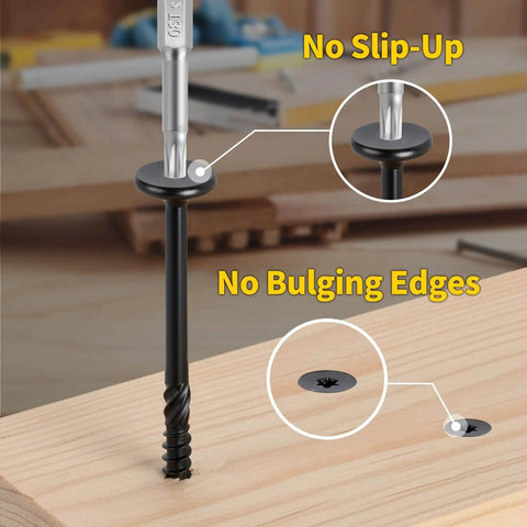 Close-up of Structural Wood Screws 14 x 2 7 8 In, 55 Pcs Set with flat countersunk head and Torx T30 drive, installed in wood.