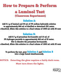 Instructions for performing a classroom luminol test with solutions A and B, highlighting that a dark room is required for glow detection.