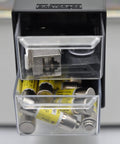 Two-Drawer Control Panel Organizer for DIN Rail Or Flat Surface With One-Click Toolless Install filled with fuses and relays
