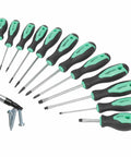 Magnetic Screwdriver Set 12 Piece With Phillips Slotted Torx Square And Stubby Heads Non Slip Ergonomic Handle Corrosion Resistant Chrome Vanadium Steel DIY Home Repair Essentials In Turquoise displayed with screws.
