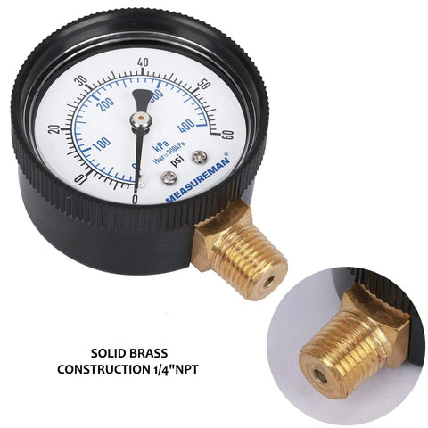Beefy 2 Inch Pool Pressure Gauge With 1 Quarter NPT Lower Mount, 0 To 60 Psi And 0 To 400 KPa, Plastic Case With Brass Wetted Parts