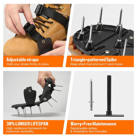 Pre Assembled Lawn Aerator Shoes With Heavy Duty Spikes For Easy Yard Aeration No Hassle Ready To Use Straight Out Of The Box Fits Men Size 6 To 14 For All Grass Types showing adjustable straps, triangle-patterned spikes, durability feature, and maintenance tools.