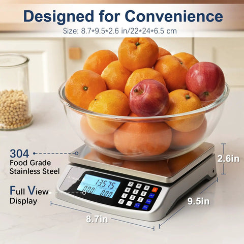 Beefy 110 Pound Food Scale With Price Computing in kitchen setting weighing fruits, 304 stainless steel, 1 gram increments.