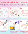 Shrink Dink Keychain Kit With 242 Pieces Including Plastic Sheets And 20 Shrink Paper Sheets Tools Jump Rings Ball Chains Tassels Lobster Clasps Clips For DIY Keychains Rings Charms And Crafts For Kids And Adults tutorial image showing steps to create designs.