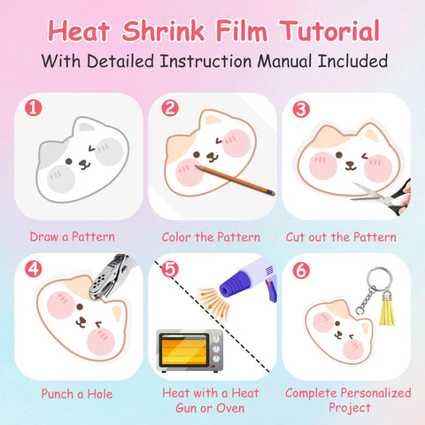 Shrink Dink Keychain Kit With 242 Pieces Including Plastic Sheets And 20 Shrink Paper Sheets Tools Jump Rings Ball Chains Tassels Lobster Clasps Clips For DIY Keychains Rings Charms And Crafts For Kids And Adults tutorial image showing steps to create designs.