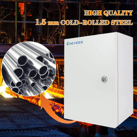 Beefy Outdoor Electrical Box 16 By 12 By 8 Inch NEMA 4X Waterproof Steel Enclosure Lockable Junction Box next to steel pipes