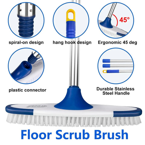 Long Handle Floor Scrub Brush 53 Inch Deck And Grout Cleaner Kit For Tile Marble Stone Bathroom Patio Garage And Outdoor Floors Powerful Reach Scrubbing For Tough Dirt And Grime with durable handle, spiral-on design, ergonomic brush head