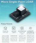 TFS20 Lidar Module for Robots and Drones With 0.2 to 20 Meter Range and 6 cm Precision Direct ToF Sensor on a blue background