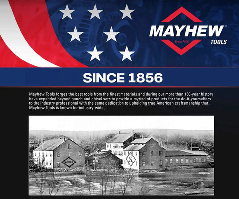 Mayhew Tools vintage factory black and white photo with logo, since 1856, historical craftsmanship