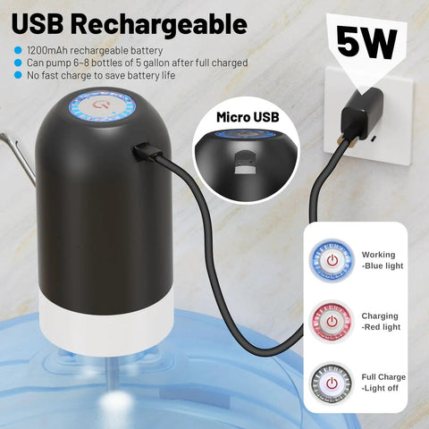 Portable USB Powered Water Pump For 3 To 5 Gallon Jugs, Electric Drinking Water Dispenser connected with micro USB cable to outlet