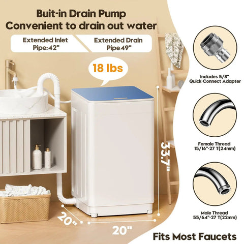 Straight Up Solid Portable Washer And Dryer Combo, 18 Lbs Full Automatic Machine with built-in drain pump and inlet pipe.