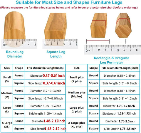 Size chart for 16 Pack Chair Leg Floor Protectors With 360 Degree Felt Wrapped Silicone Caps For Hardwood Floors