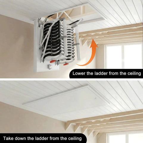 Rock Solid Telescoping Electric Attic Ladder With Retractable Pull Down Stairs Smooth Ceiling Hatch Access, shown in lowered and retracted positions.