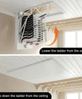 Slick Remote Control Electric Attic Ladder Retractable Pull Down Folding Loft Stair With Telescoping Handrail in ceiling mount position.
