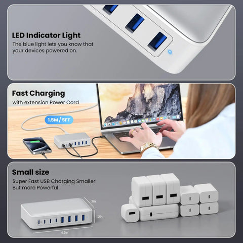 GaN III 8 Port USB C Charger Hub With 200W Total Power shown charging multiple devices, featuring compact design and LED indicator.