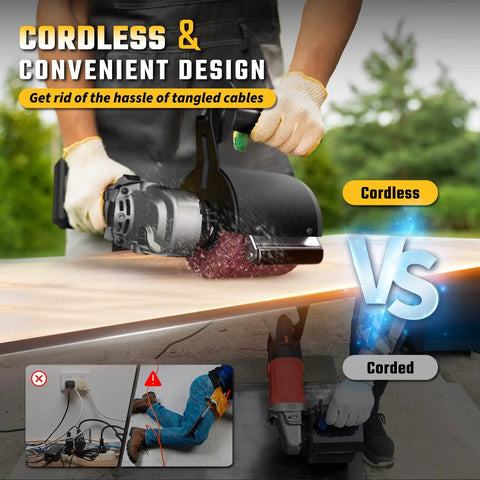 Cordless Burnishing Polishing Tool For DeWalt 20V Max Battery Not Included Tool Only With 6 Variable Speeds And Guide Wheel Surface Conditioning For Stainless Steel Wood And Metal Finishing in use, highlighting its cordless convenience.