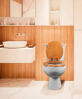 Wood Veneer Round Toilet Seat With Quiet Close Easy Clean Surface Quick Release Hinges in modern bathroom setting