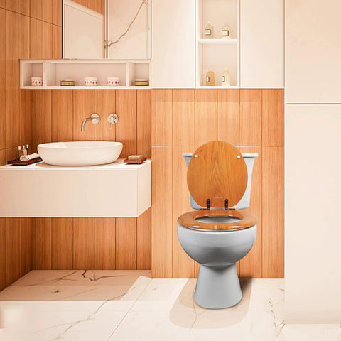 Wood Veneer Round Toilet Seat With Quiet Close Easy Clean Surface Quick Release Hinges in modern bathroom setting