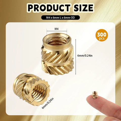 Bulk 300 Pcs M4 Threaded Inserts For 3D Printing Knurled Brass Heat Set Nuts M4 X D6 X L6 For Plastic Projects shown up close.