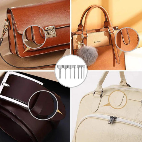 7 Piece Leather Half Round Cutter Set For Leathercraft Punching Tools shown with leather bags and belts, highlighting clean edges