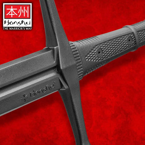 Close-up of a polypropylene bokken training sword broadsword 43.5 inch blunt practice weapon for sparring and safe martial arts gear
