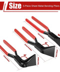 Three Piece Sheet Metal Hand Seamer Set With Straight 45 Degree And 90 Degree Jaws for bending and flattening, shown in red handles.