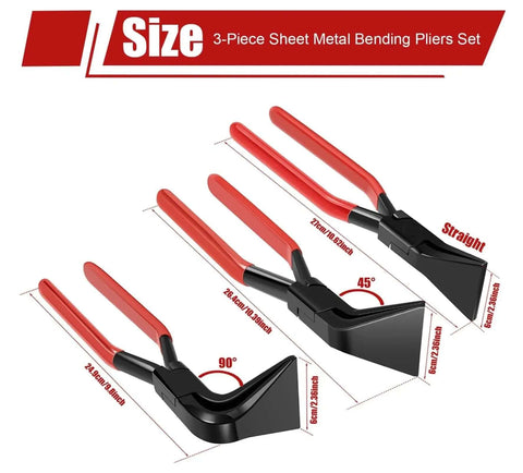 Three Piece Sheet Metal Hand Seamer Set With Straight 45 Degree And 90 Degree Jaws for bending and flattening, shown in red handles.