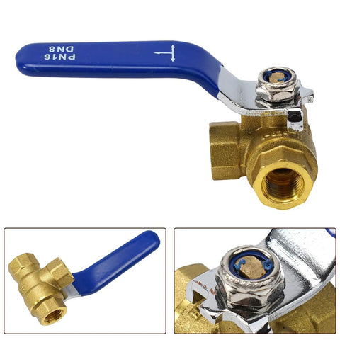 Heavy Duty 3 Way Brass Ball Valve With LT Bore Internal Thread 16 Bar Pressure Rating for water, oil, and gas plumbing installs.