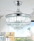 Crystal Fandelier Ceiling Fan With Light And Remote, 36 Inch Retractable Invisible Blades, LED, chrome finish, color options