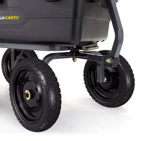 Close-up of lawn wagon with Four Pack 13 Inch No Flat Replacement Tires For Lawn Wagons And Hand Trucks, Solid Polyurethane