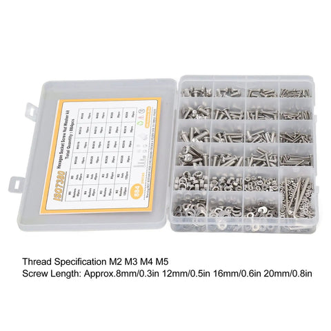 Open box containing Massive 884 Piece Screw Nut Washer Wrench Kit with M2 M3 M4 M5 screws, nuts, washers, 4 hex wrenches