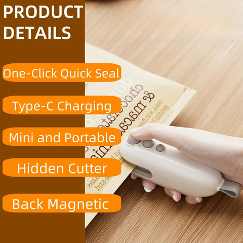 Person using 2 In 1 USB Rechargeable Heat Sealer With Cutter For Plastic Bags Grab And Go Handheld Magnetic Portable Resealer Machine Keeps Chips And Snacks Fresh And Cut Waste Blue on packaging.