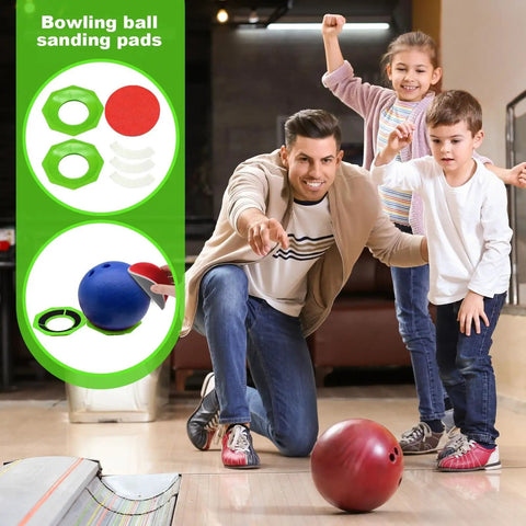 Heavy Duty Ergonomic Bowling Ball Sanding Jig Easy Grind Setup For Precision Lap Finish With Cushioned Control Handle And Non Slip Base For Every League Bowler, with sanding pads and family bowling scene.