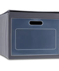 Front view of Versatile Grey Stackable Fabric Shoe Storage Bin with clear label holder, ideal for closets and entryways.