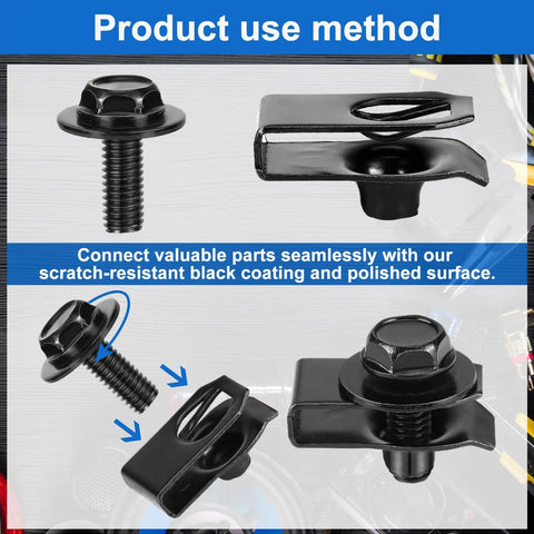 M6-1.0 Body Bolts And Extruded U Nut Clips Bulk Kit With Multipurpose Fender Fasteners for Bumper and Engine Cover installation.
