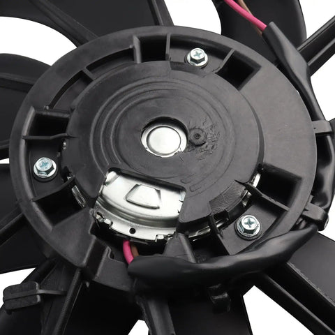 Close-up of Solid Engine Radiator Cooling Fan Assembly With Integrated Shroud And Smooth Brushless Motor Direct Swap Replacement fits 2012-2018 Ford Focus.