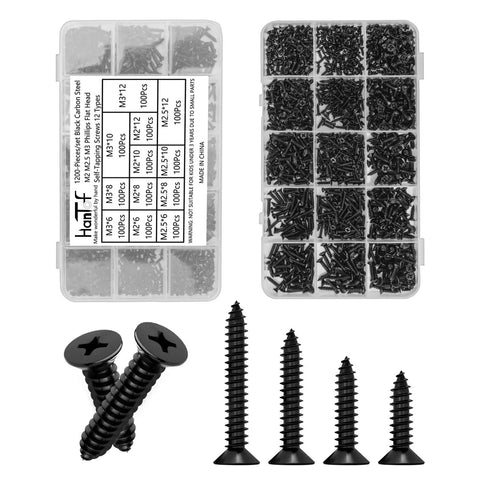 1200 Pcs Black Self Tapping Screws Set For Wood Plastic And Soft Metal Phillips Flat Head Countersunk Tiny Screws In M2 M2.5 M3 Sizes