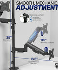 Extra Tall Dual Monitor Stand Swivels Smoothly For Screens Up To 32 Inches showing adjustment details and height measurements.