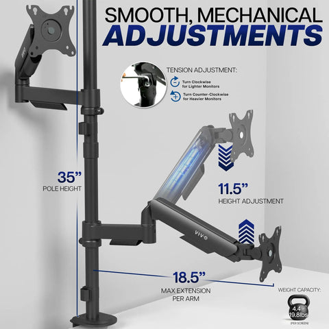 Extra Tall Dual Monitor Stand Swivels Smoothly For Screens Up To 32 Inches showing adjustment details and height measurements.