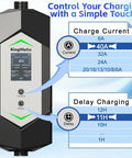 Slick Portable Electric Vehicle Charger 40 Amp Level 2 Charging Station interface showing charge current and delay options.