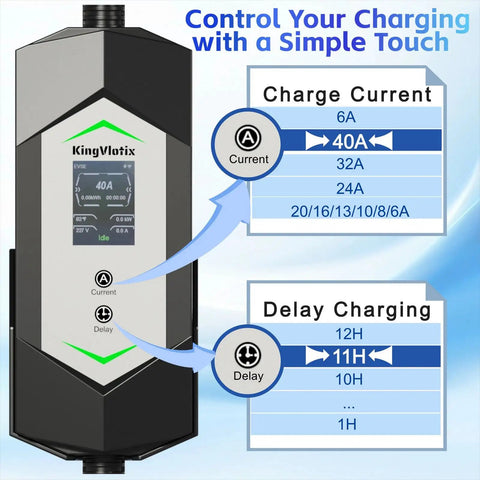 Slick Portable Electric Vehicle Charger 40 Amp Level 2 Charging Station interface showing charge current and delay options.