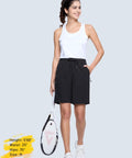 Woman wearing Women's Hiking Shorts With 8 Inch Inseam, Lightweight Quick Dry Fabric, Built In Pockets, Ideal For Running And Golf, Black