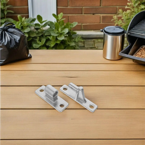Heavy Duty Stainless Gate Hinge Set With Detachable Male And Female Design, Weather Resistant Outdoor Gate Hardware With Screws For Quick Wall Mount Install, Hassle-Free Garden Gate And Privacy Fence Hinge Kit For Easy Setup. Two stainless steel hinge parts on wood table