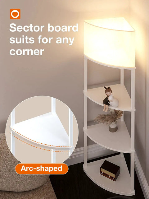 4 Tier Sector Corner Shelf Floor Lamp With White Shade And 3 Color Temperatures LED Bulb, A Handy Display Lamp With Shelves For Living Room, Bedroom Or Office, Perfect For Cozy Vibes And Practical Storage