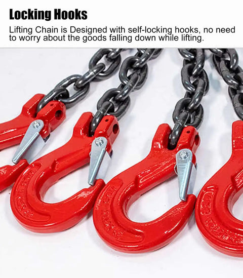 Heavy Duty Four Leg Chain Sling With Adjustable Grab Hooks For Engine Hoist And Industrial Crane Gear features self-locking red hooks.