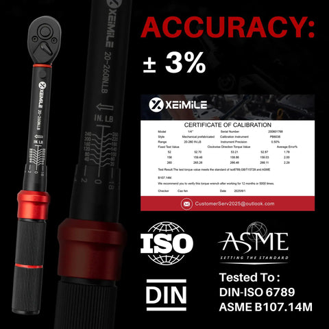 Close-up of 52 Piece Torque Wrench And Screwdriver Set with One Quarter Inch Drive, showcasing accuracy certificate and specifications.