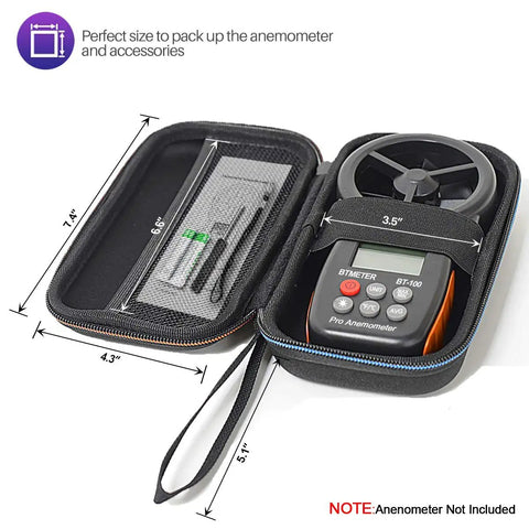 Rugged EVA Hard Travel Case for BT-100 Series Handheld Anemometer Protection with custom foam insert and mesh pocket.