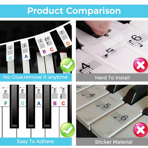 Comparison of 61 Key Note Sticker Guide Labels for Digital Keyboard with Dust Cover Cloth and Box, waterproof silicone labels.