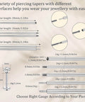 Piercing Taper And Ball Grabber Tool Set For 14G 16G 18G 20G Stainless Steel Flat Back Earring Applicator with dimensions and diagrams.